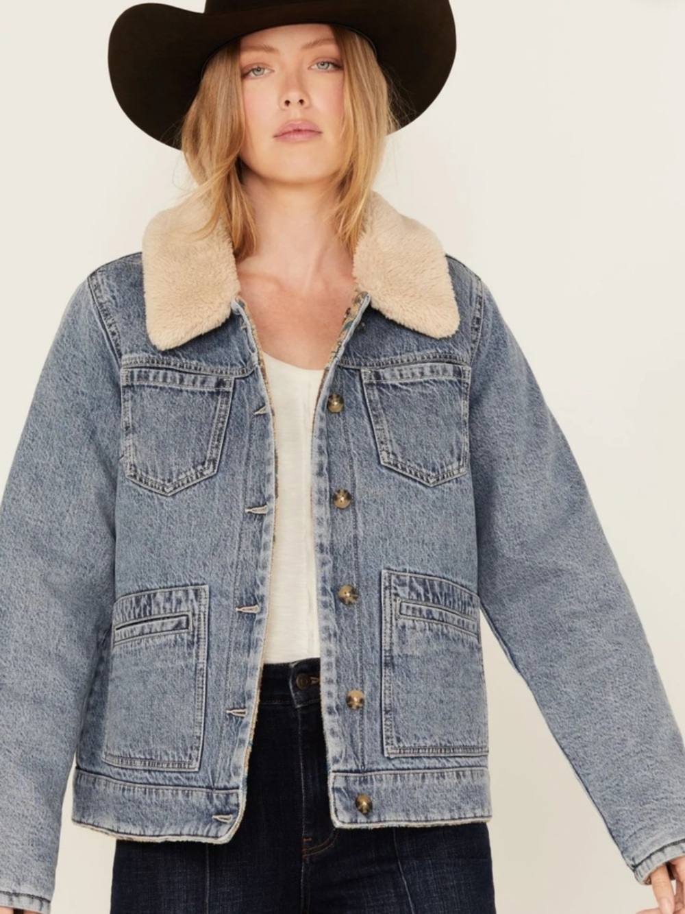 Idyllwind Reversible Light Wash Blue Denim Jacket with Cream Sherpa Collar